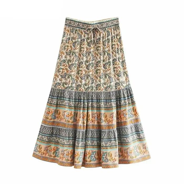 Hippie Queens femmes gothique Floral paon imprimé taille haute élastique plage bohème jupe dames a-ligne Midi Boho jupes