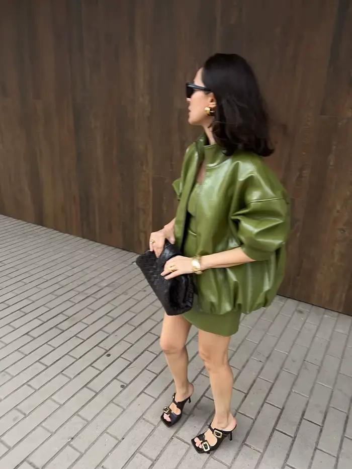 Ensemble jupe en cuir vert Vintage pour femmes