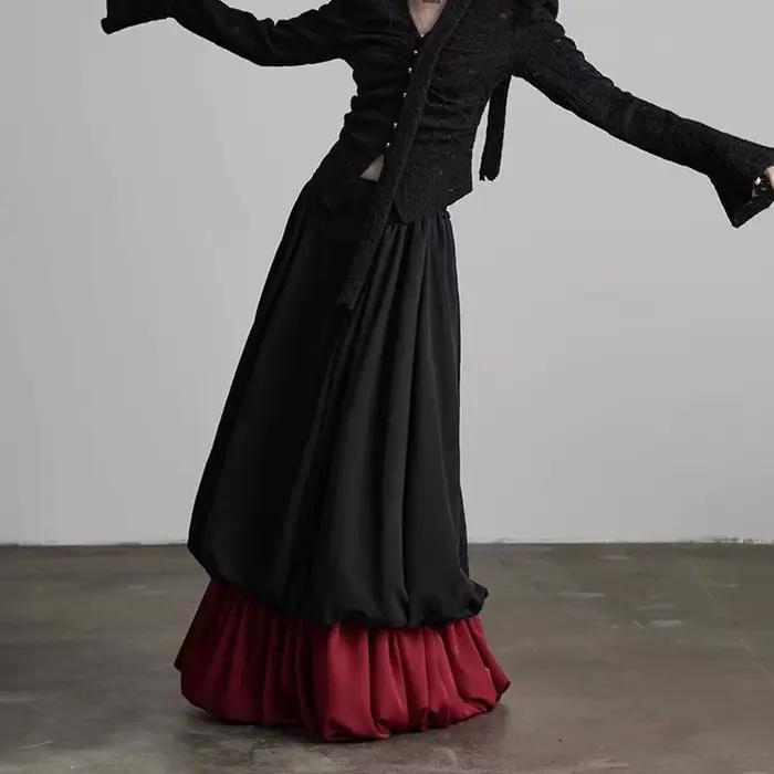 Jupe noire à effet deux pièces pour femme, nouvelle collection printemps, design fluide et amincissant, polyvalente, bicolore