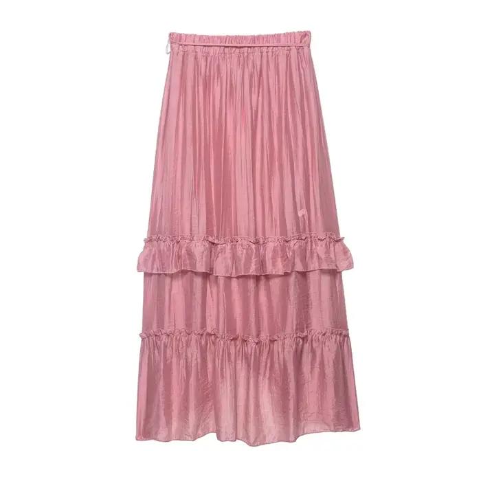 Jupe longue rose à volants superposés pour femme