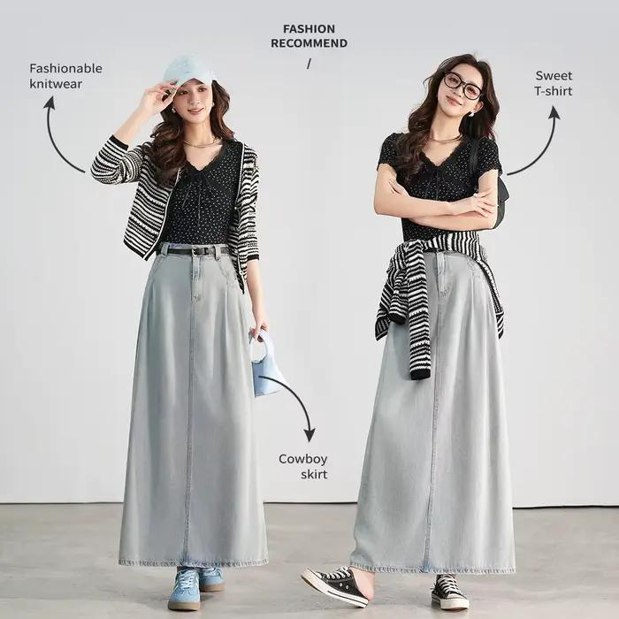 LOUIS YAO jupe longue en Denim délavé 2025 printemps Lyocell tissu demi-longueur robe à la mode taille haute