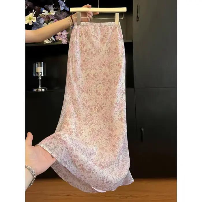 Jupe mi-longue rose à imprimé floral pour femme