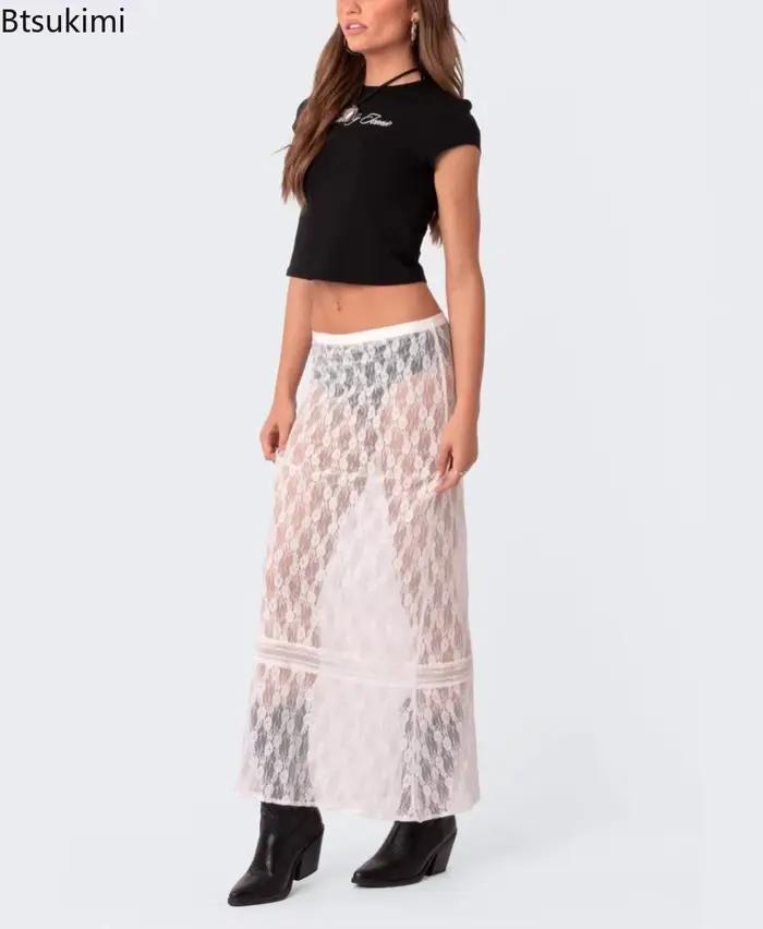 Jupe longue sexy en dentelle et résille transparente pour femme 2026