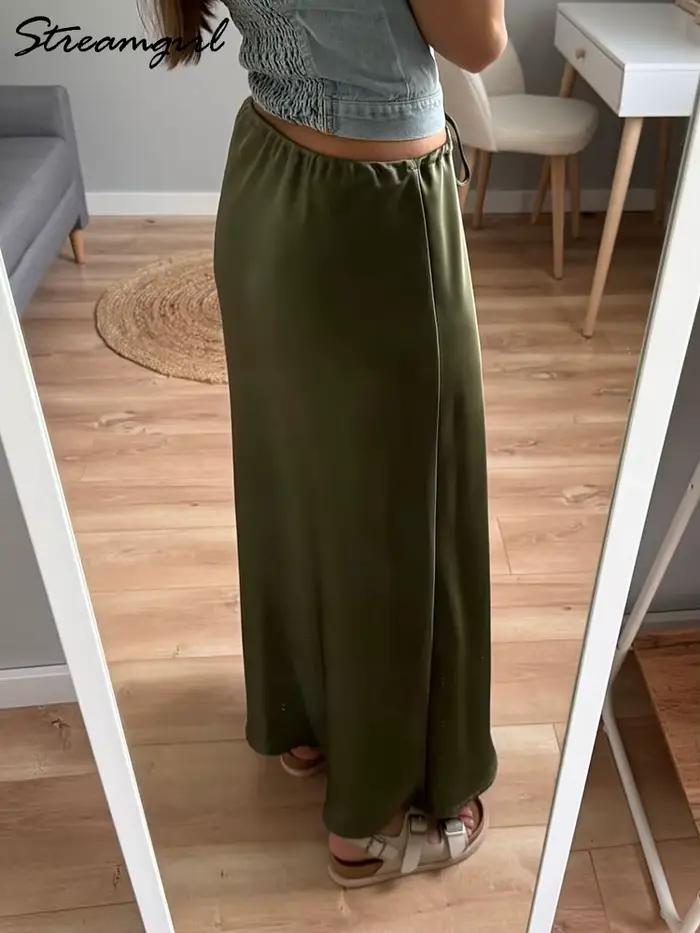 Champagne jupes longues pour femmes élégant 2025 luxe Satin jupe longue Beige une ligne cravate armée vert Maxi