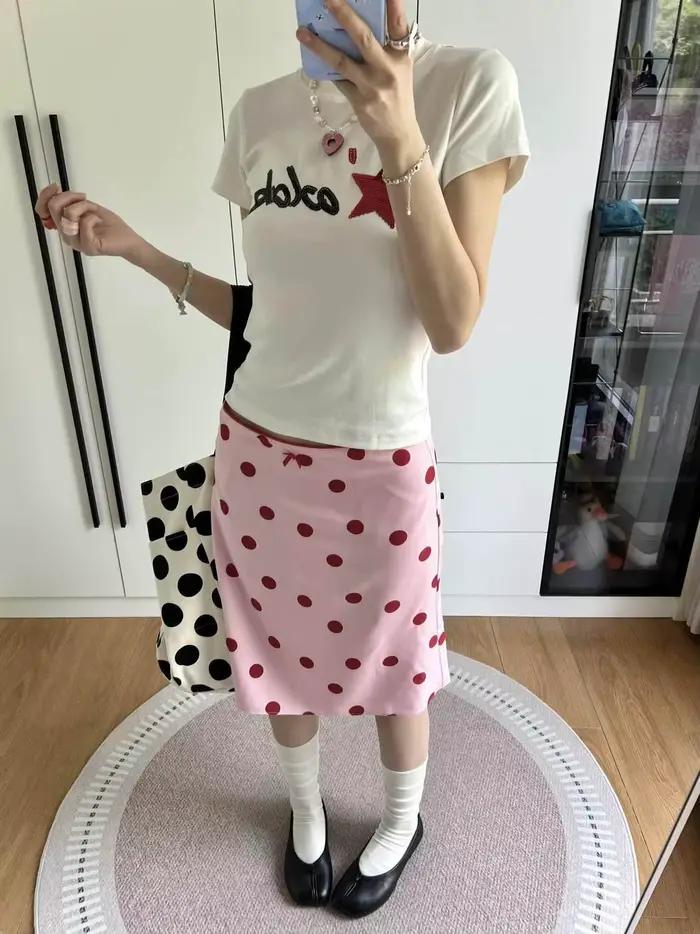 Jupe mi-longue tube droite à pois rose style rétro américain pour femme été 2026 coupe régulière polyester légèrement extensible style junior occassions spéciales