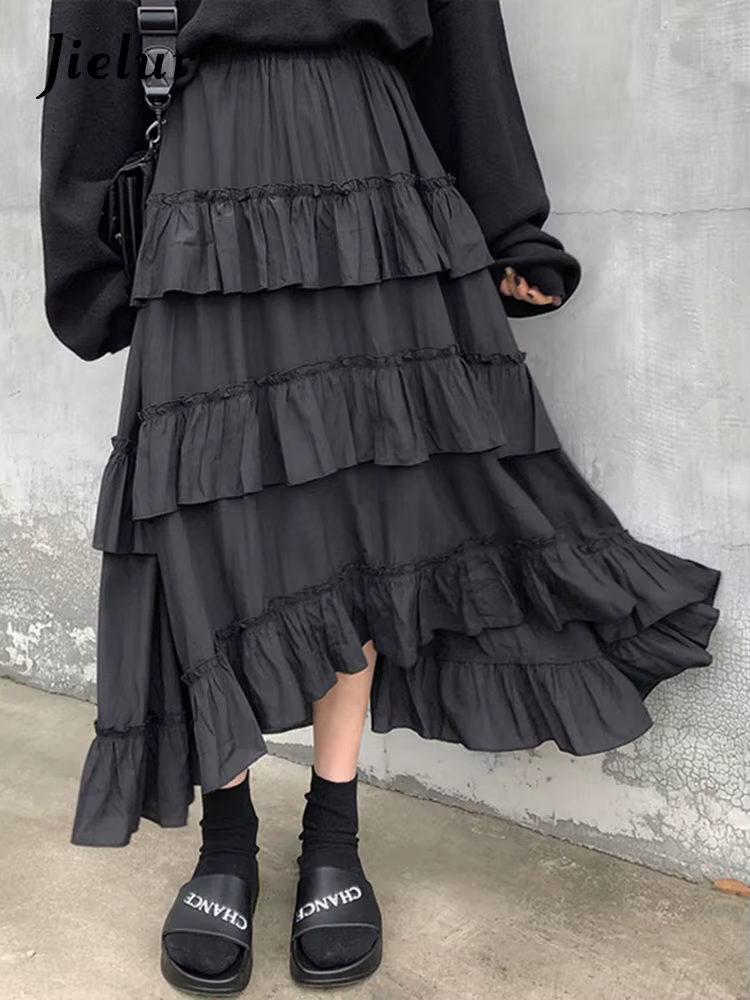 Jupes mi-longues pour femmes, jupe maxi gothique Lolita, taille haute, bas, froncé, volants, été